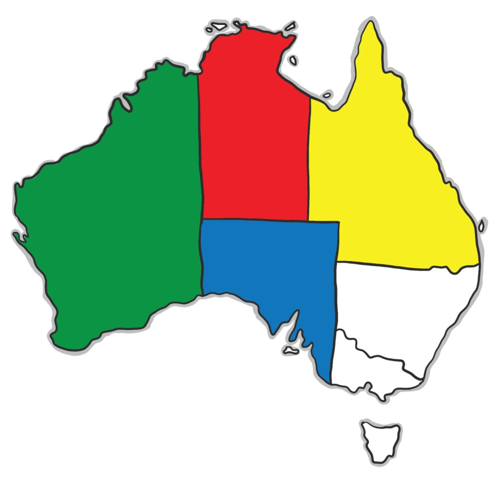 Australia states map showing Western, Northern, Queensland